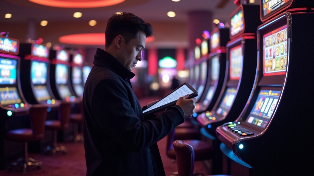 Jugador revisando reglas del bono junto a tragaperras iluminadas en un casino oscuro