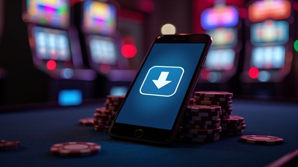 Teléfono móvil con la app de Slottica y luces de casino en un ambiente oscuro