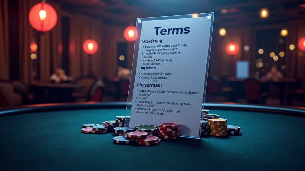Mesa de casino con una hoja de condiciones sobre el bono y luces oscuras de neón