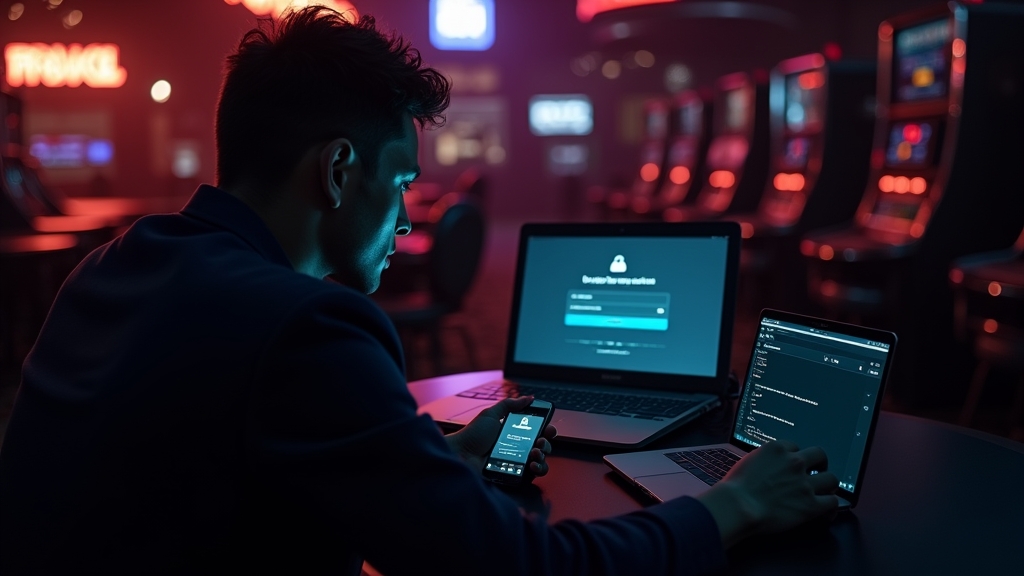 Pantalla con error de acceso y dispositivos en un casino oscuro