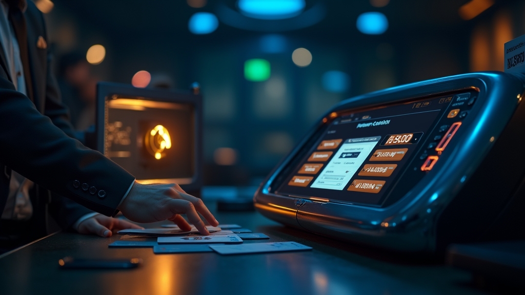 Jugador revisando un retiro en un terminal de pagos dentro de un casino oscuro