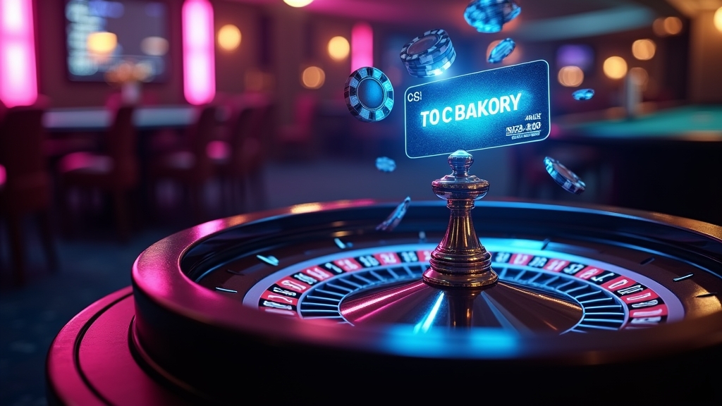 Sala de casino oscura con una tarjeta de bono sin depósito brillando sobre la mesa