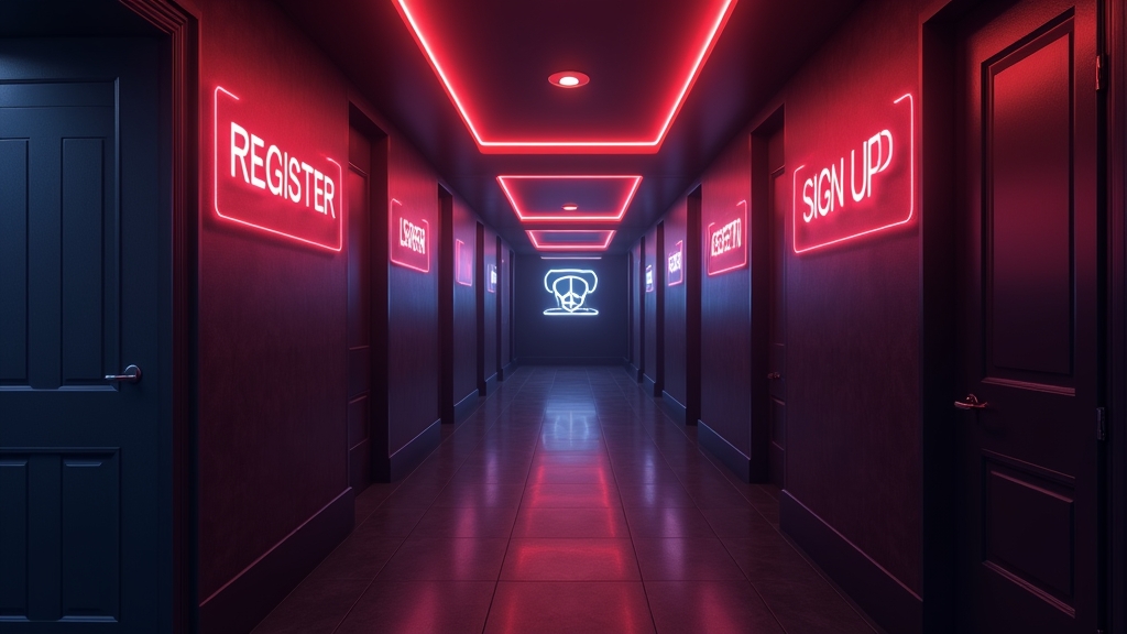 Escena de registro y alta de cuenta en un casino con luces neón
