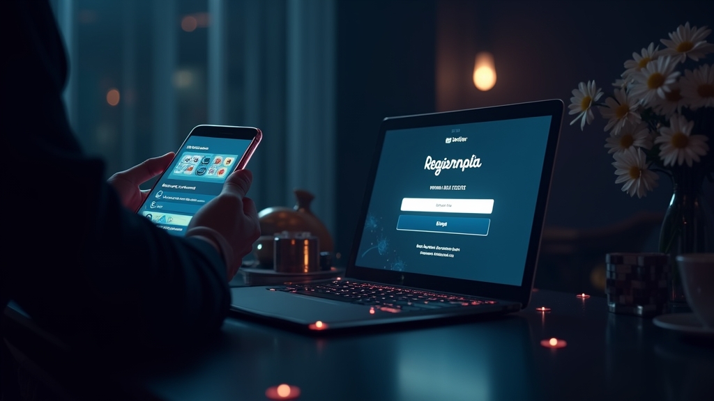 Formulario de registro en un entorno de casino oscuro con móvil y ordenador